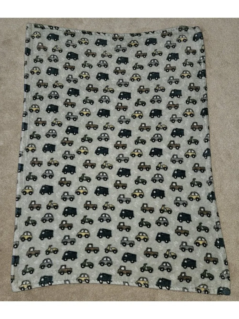 Adirondack Baby Blanket Fleece 28x38 Gray Vehicles Cars Trucks Blue Yellow Green